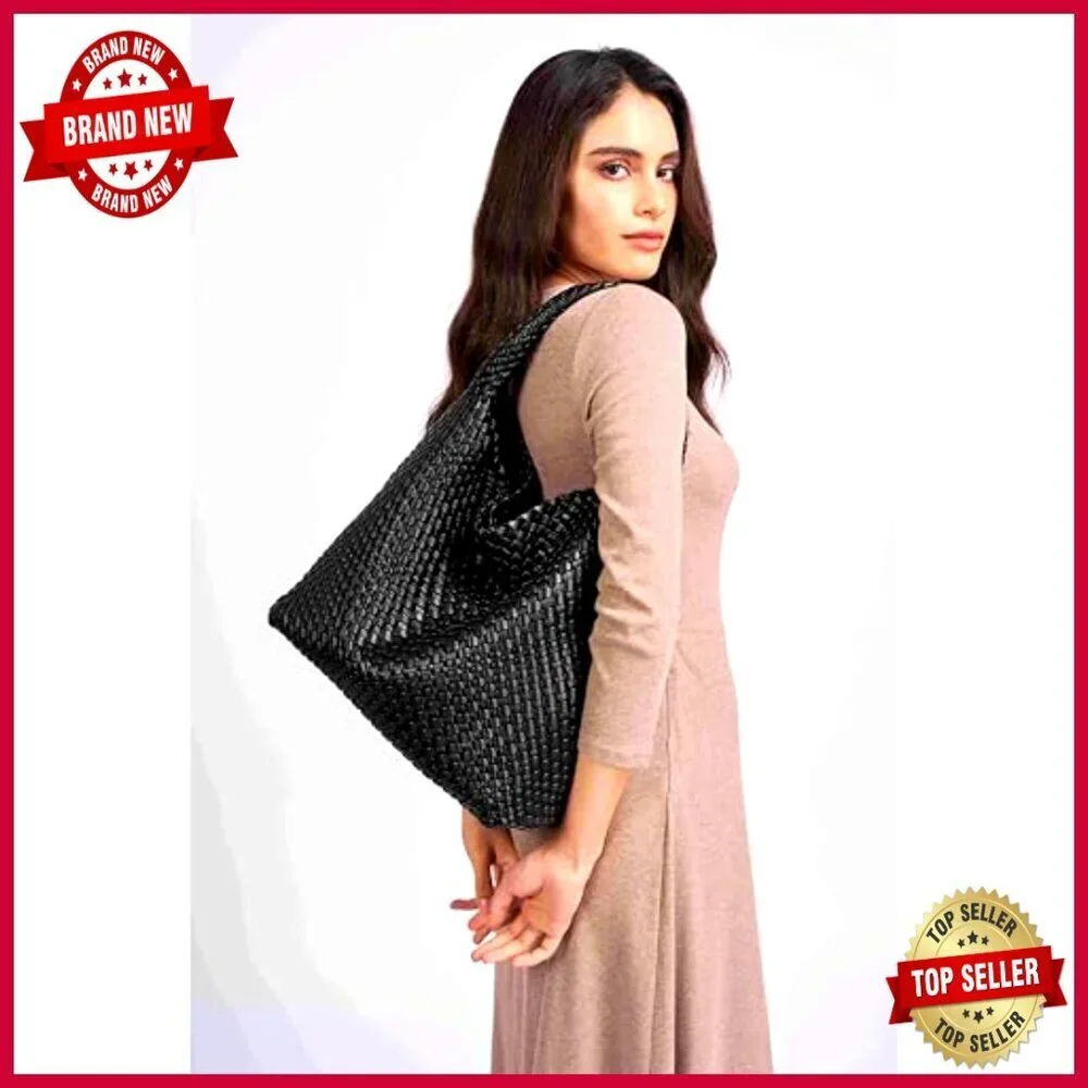 Large Woven Tote Bag with Clutch, Vegan Leather, Spacious Shoulder Bag